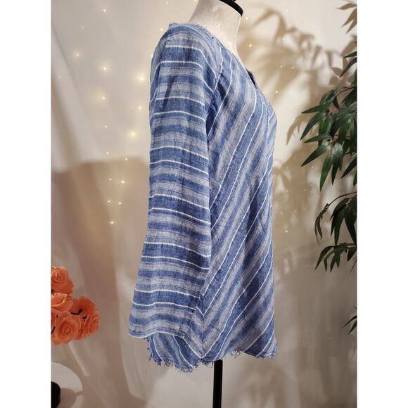 Nic + Zoe Freshwater Striped Linen Tunic Top Size L Blue Boho Raw Fringe Hem - Picture 4 of 11